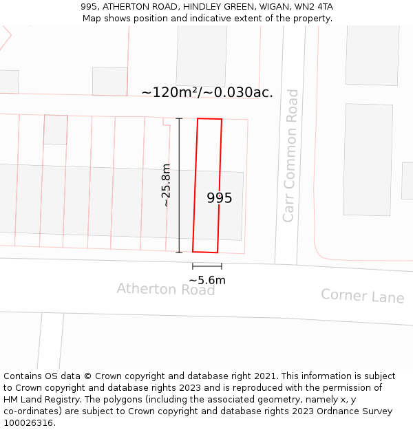 995, ATHERTON ROAD, HINDLEY GREEN, WIGAN, WN2 4TA: Plot and title map