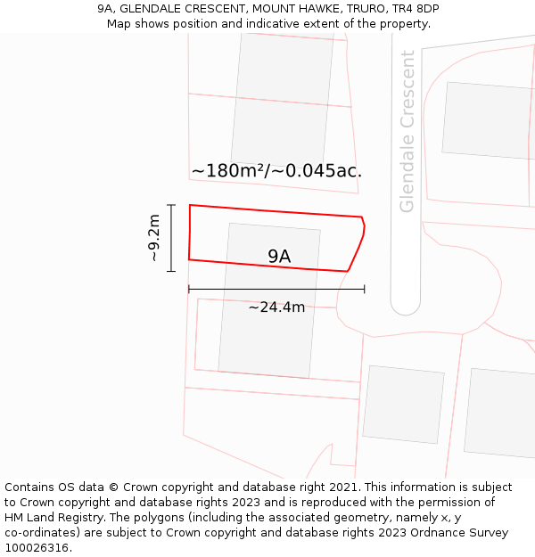 9A, GLENDALE CRESCENT, MOUNT HAWKE, TRURO, TR4 8DP: Plot and title map