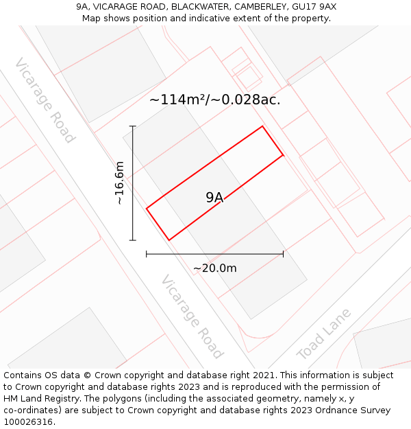 9A, VICARAGE ROAD, BLACKWATER, CAMBERLEY, GU17 9AX: Plot and title map