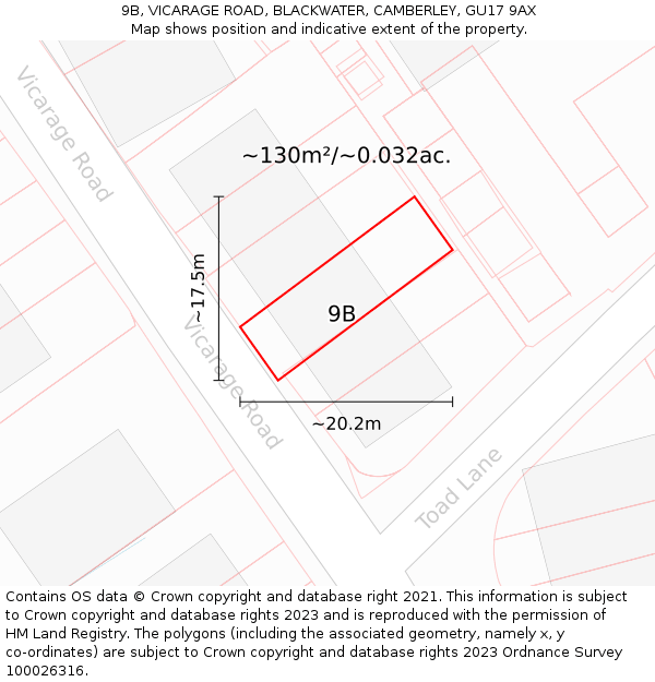 9B, VICARAGE ROAD, BLACKWATER, CAMBERLEY, GU17 9AX: Plot and title map