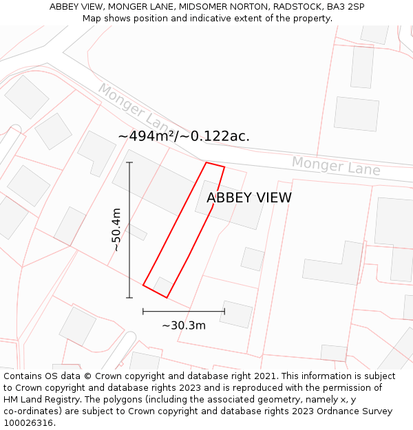 ABBEY VIEW, MONGER LANE, MIDSOMER NORTON, RADSTOCK, BA3 2SP: Plot and title map