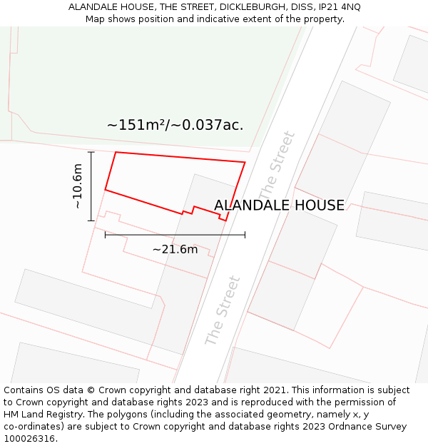 ALANDALE HOUSE, THE STREET, DICKLEBURGH, DISS, IP21 4NQ: Plot and title map