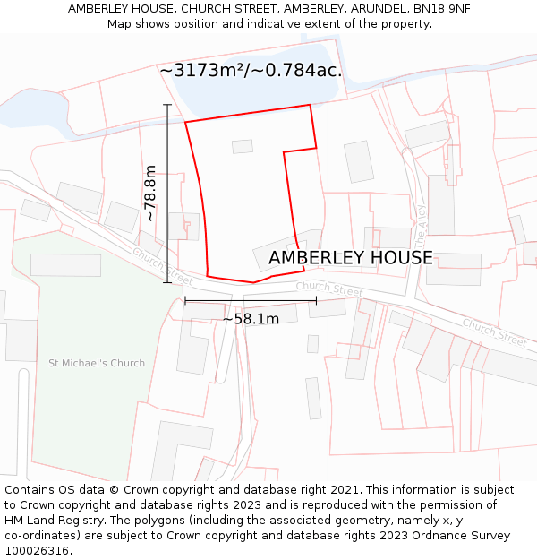 AMBERLEY HOUSE, CHURCH STREET, AMBERLEY, ARUNDEL, BN18 9NF: Plot and title map
