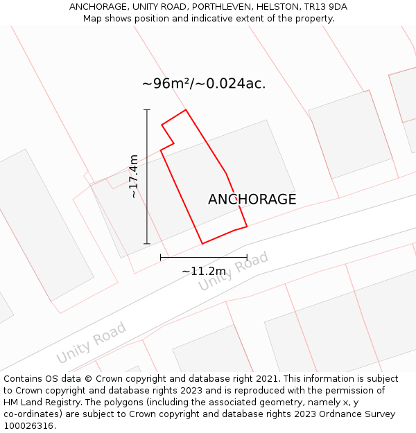 ANCHORAGE, UNITY ROAD, PORTHLEVEN, HELSTON, TR13 9DA: Plot and title map