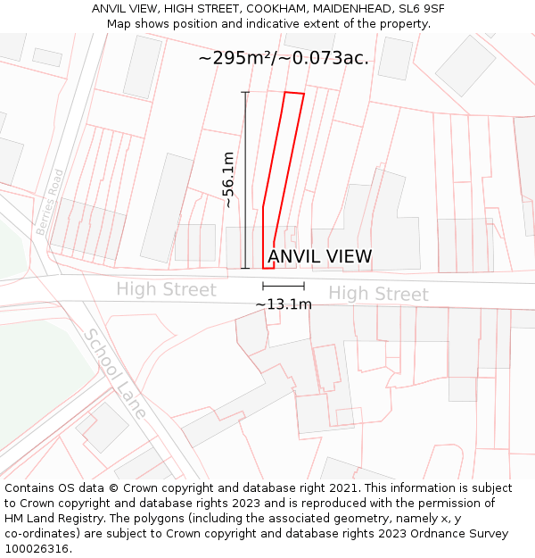 ANVIL VIEW, HIGH STREET, COOKHAM, MAIDENHEAD, SL6 9SF: Plot and title map