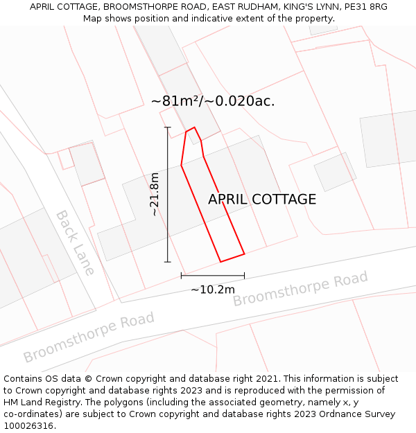 APRIL COTTAGE, BROOMSTHORPE ROAD, EAST RUDHAM, KING'S LYNN, PE31 8RG: Plot and title map