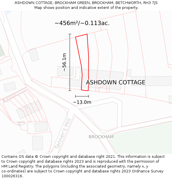 ASHDOWN COTTAGE, BROCKHAM GREEN, BROCKHAM, BETCHWORTH, RH3 7JS: Plot and title map