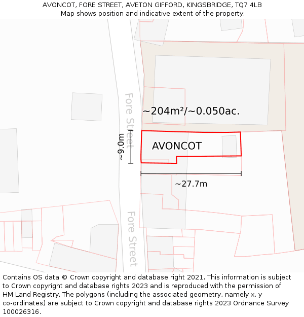 AVONCOT, FORE STREET, AVETON GIFFORD, KINGSBRIDGE, TQ7 4LB: Plot and title map