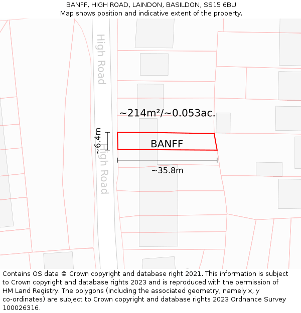 BANFF, HIGH ROAD, LAINDON, BASILDON, SS15 6BU: Plot and title map