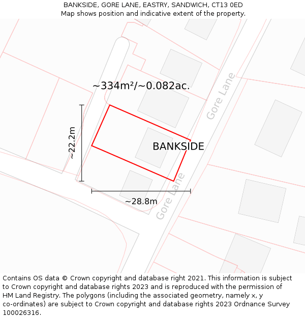BANKSIDE, GORE LANE, EASTRY, SANDWICH, CT13 0ED: Plot and title map
