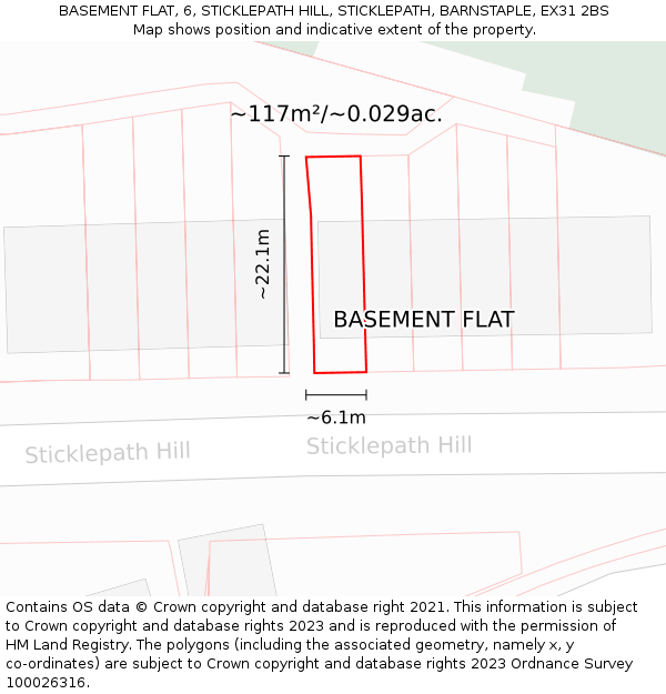 BASEMENT FLAT, 6, STICKLEPATH HILL, STICKLEPATH, BARNSTAPLE, EX31 2BS: Plot and title map