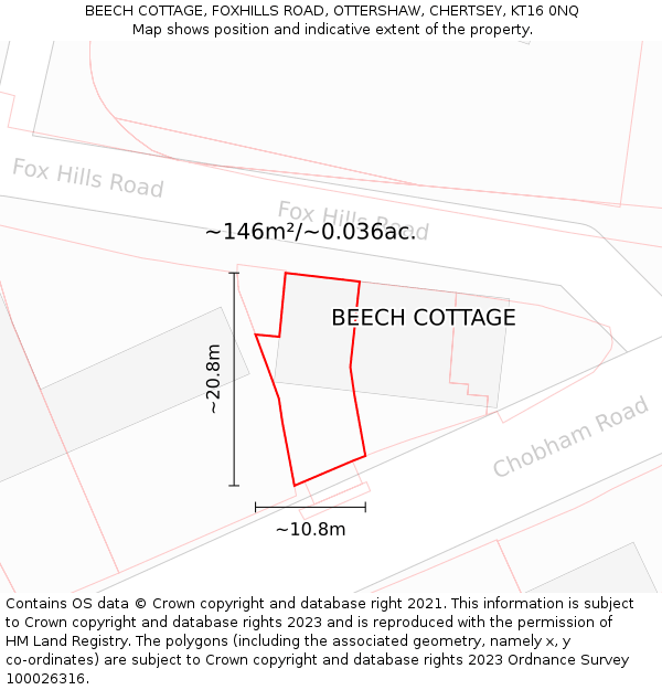 BEECH COTTAGE, FOXHILLS ROAD, OTTERSHAW, CHERTSEY, KT16 0NQ: Plot and title map