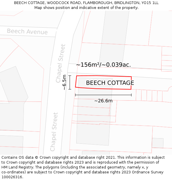 BEECH COTTAGE, WOODCOCK ROAD, FLAMBOROUGH, BRIDLINGTON, YO15 1LL: Plot and title map