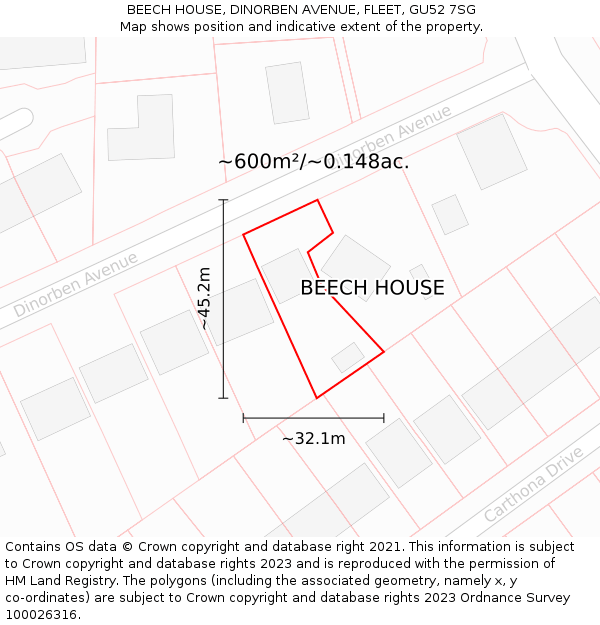 BEECH HOUSE, DINORBEN AVENUE, FLEET, GU52 7SG: Plot and title map