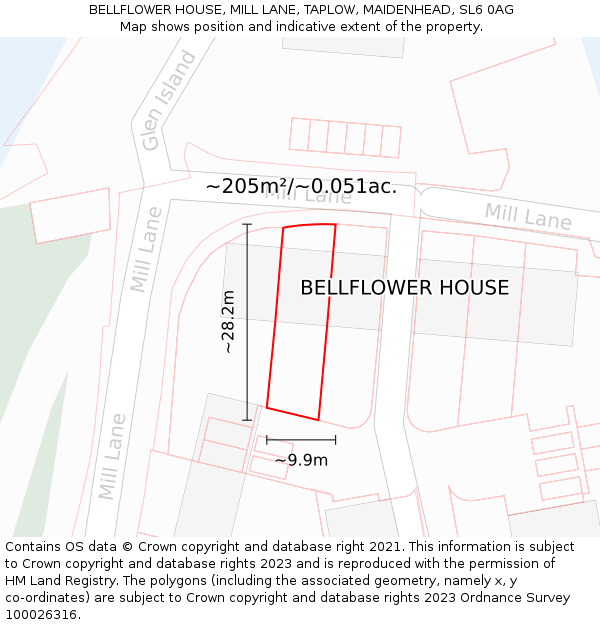 BELLFLOWER HOUSE, MILL LANE, TAPLOW, MAIDENHEAD, SL6 0AG: Plot and title map