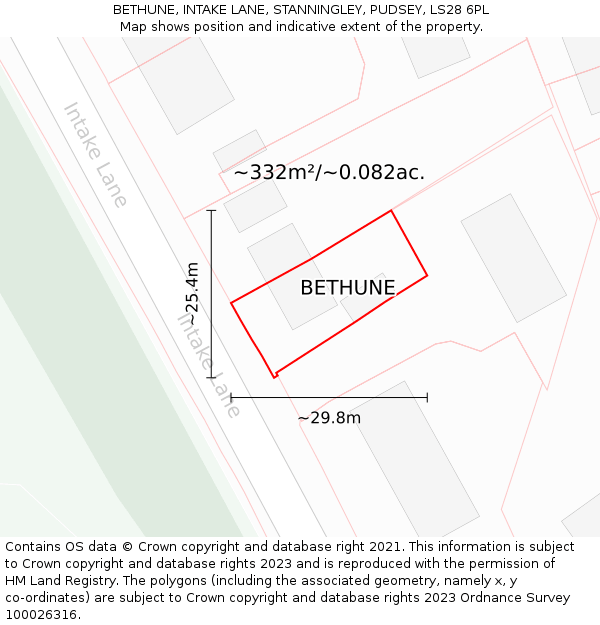 BETHUNE, INTAKE LANE, STANNINGLEY, PUDSEY, LS28 6PL: Plot and title map
