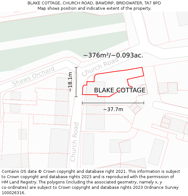 BLAKE COTTAGE, CHURCH ROAD, BAWDRIP, BRIDGWATER, TA7 8PD: Plot and title map