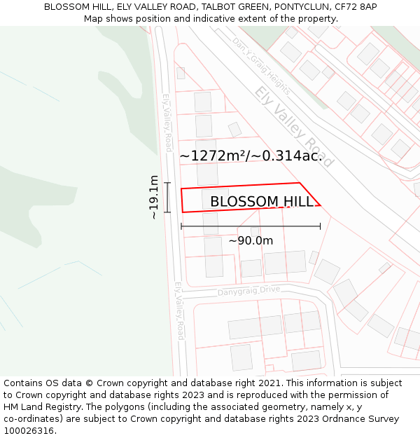 BLOSSOM HILL, ELY VALLEY ROAD, TALBOT GREEN, PONTYCLUN, CF72 8AP: Plot and title map