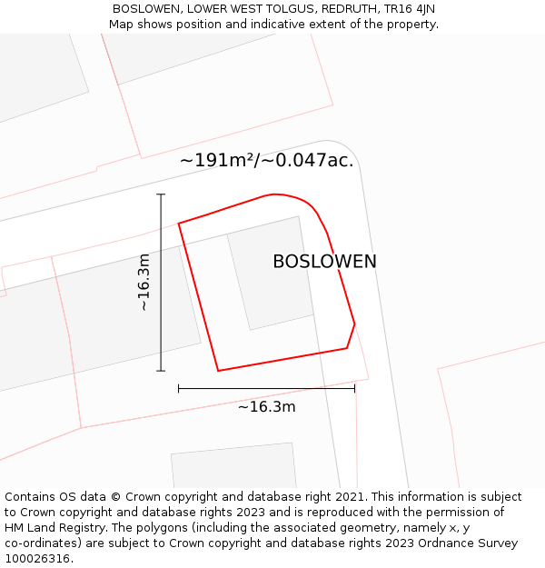 BOSLOWEN, LOWER WEST TOLGUS, REDRUTH, TR16 4JN: Plot and title map