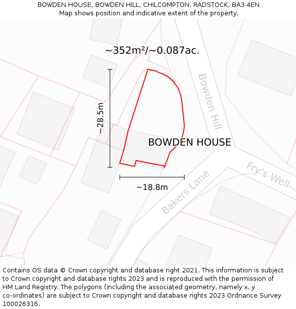 BOWDEN HOUSE, BOWDEN HILL, CHILCOMPTON, RADSTOCK, BA3 4EN: Plot and title map