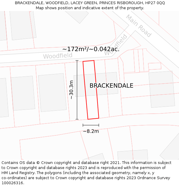 BRACKENDALE, WOODFIELD, LACEY GREEN, PRINCES RISBOROUGH, HP27 0QQ: Plot and title map