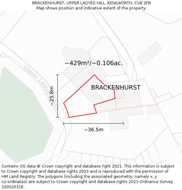 BRACKENHURST, UPPER LADYES HILL, KENILWORTH, CV8 2FB: Plot and title map