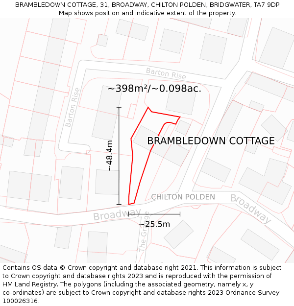 BRAMBLEDOWN COTTAGE, 31, BROADWAY, CHILTON POLDEN, BRIDGWATER, TA7 9DP: Plot and title map
