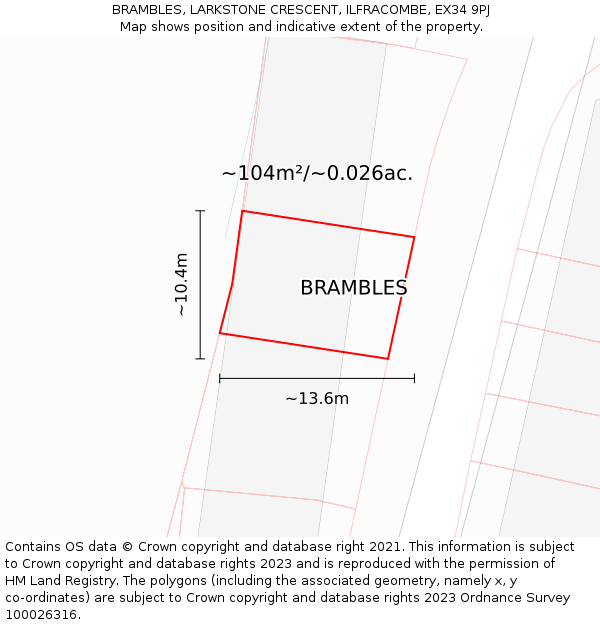 BRAMBLES, LARKSTONE CRESCENT, ILFRACOMBE, EX34 9PJ: Plot and title map