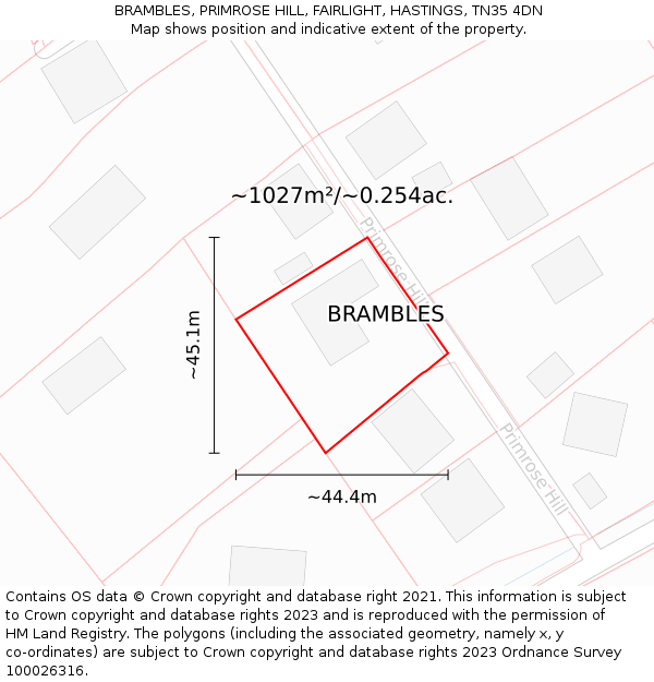 BRAMBLES, PRIMROSE HILL, FAIRLIGHT, HASTINGS, TN35 4DN: Plot and title map