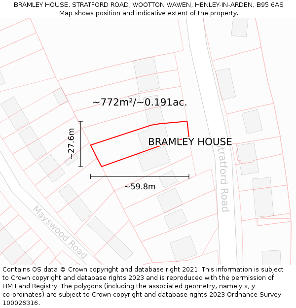 BRAMLEY HOUSE, STRATFORD ROAD, WOOTTON WAWEN, HENLEY-IN-ARDEN, B95 6AS: Plot and title map