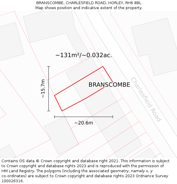 BRANSCOMBE, CHARLESFIELD ROAD, HORLEY, RH6 8BL: Plot and title map