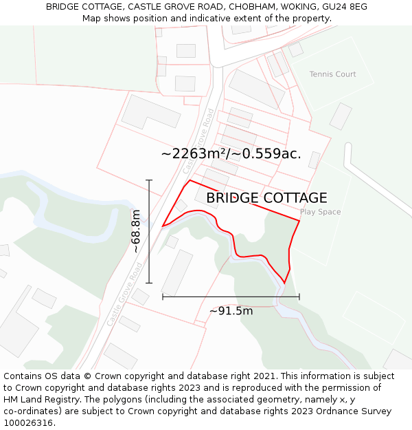 BRIDGE COTTAGE, CASTLE GROVE ROAD, CHOBHAM, WOKING, GU24 8EG: Plot and title map