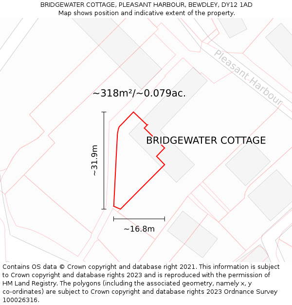 BRIDGEWATER COTTAGE, PLEASANT HARBOUR, BEWDLEY, DY12 1AD: Plot and title map