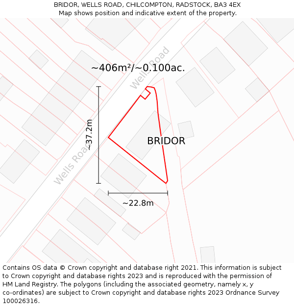 BRIDOR, WELLS ROAD, CHILCOMPTON, RADSTOCK, BA3 4EX: Plot and title map
