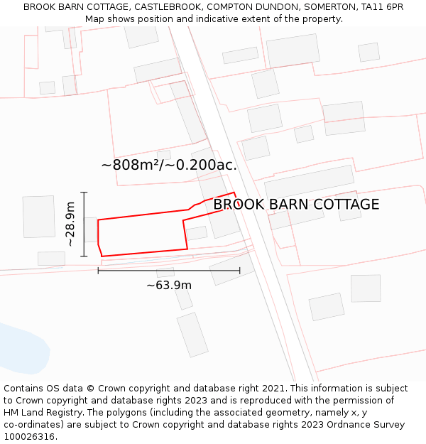 BROOK BARN COTTAGE, CASTLEBROOK, COMPTON DUNDON, SOMERTON, TA11 6PR: Plot and title map
