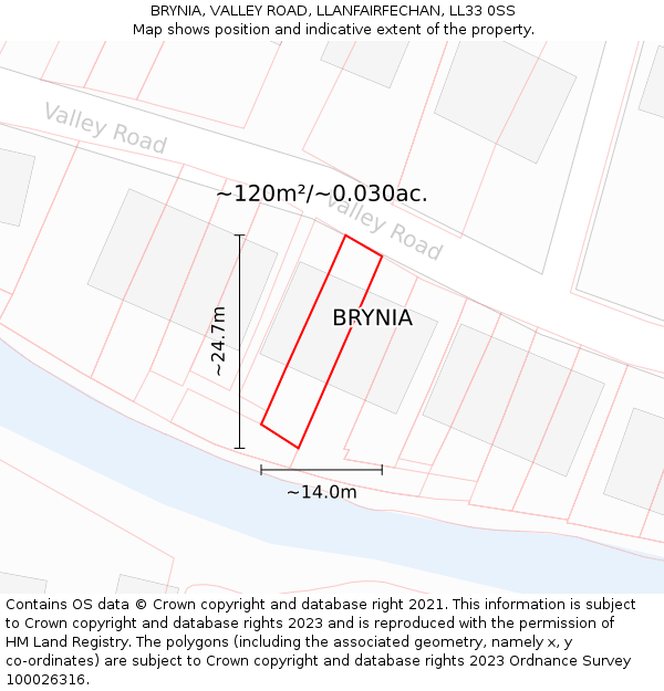 BRYNIA, VALLEY ROAD, LLANFAIRFECHAN, LL33 0SS: Plot and title map