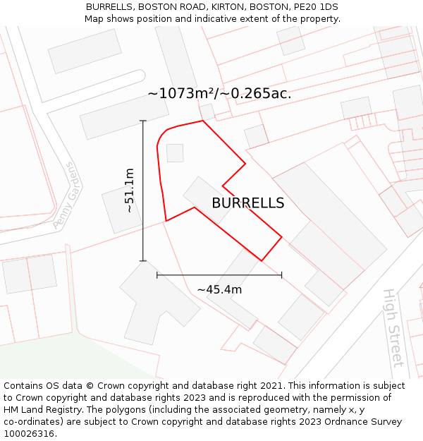 BURRELLS, BOSTON ROAD, KIRTON, BOSTON, PE20 1DS: Plot and title map