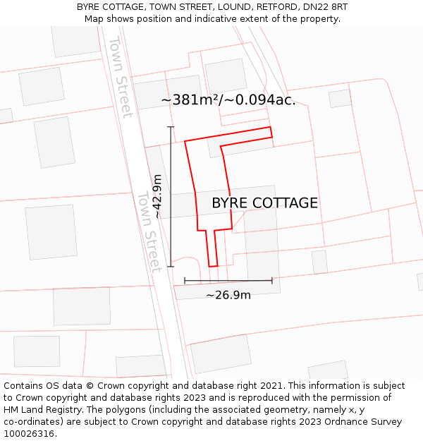 BYRE COTTAGE, TOWN STREET, LOUND, RETFORD, DN22 8RT: Plot and title map