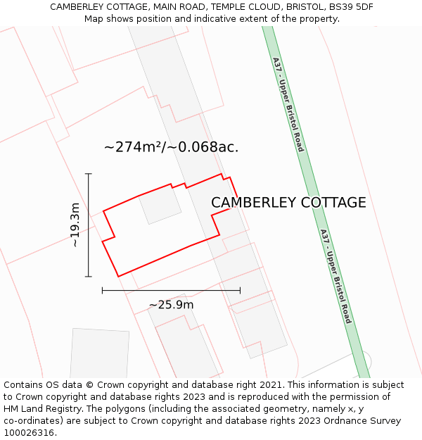 CAMBERLEY COTTAGE, MAIN ROAD, TEMPLE CLOUD, BRISTOL, BS39 5DF: Plot and title map