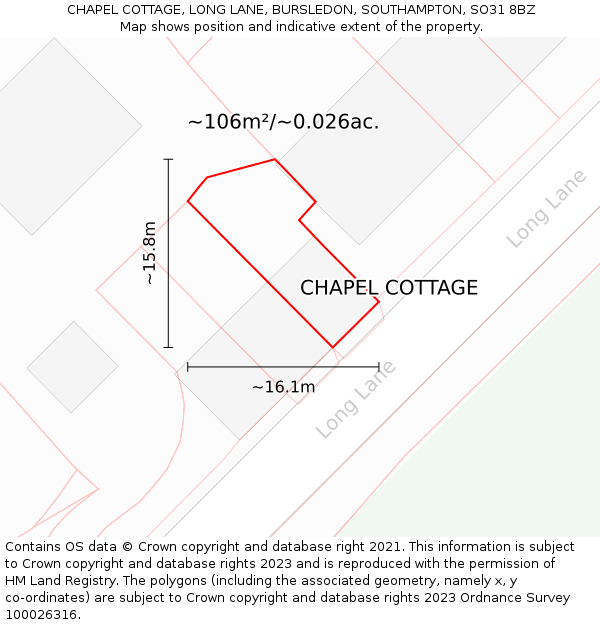 CHAPEL COTTAGE, LONG LANE, BURSLEDON, SOUTHAMPTON, SO31 8BZ: Plot and title map