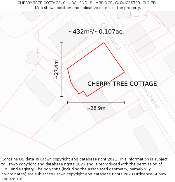 CHERRY TREE COTTAGE, CHURCHEND, SLIMBRIDGE, GLOUCESTER, GL2 7BL: Plot and title map
