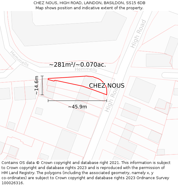CHEZ NOUS, HIGH ROAD, LAINDON, BASILDON, SS15 6DB: Plot and title map