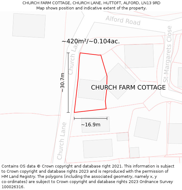 CHURCH FARM COTTAGE, CHURCH LANE, HUTTOFT, ALFORD, LN13 9RD: Plot and title map