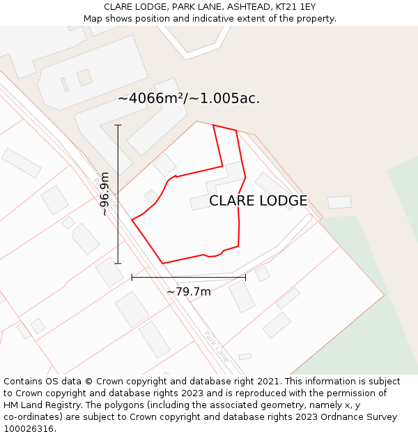 CLARE LODGE, PARK LANE, ASHTEAD, KT21 1EY: Plot and title map