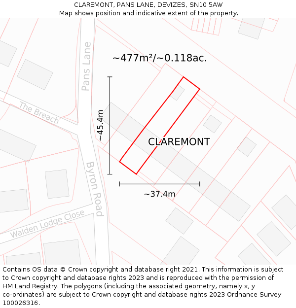 CLAREMONT, PANS LANE, DEVIZES, SN10 5AW: Plot and title map