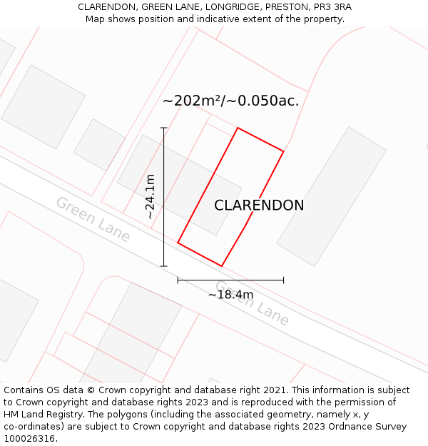 CLARENDON, GREEN LANE, LONGRIDGE, PRESTON, PR3 3RA: Plot and title map