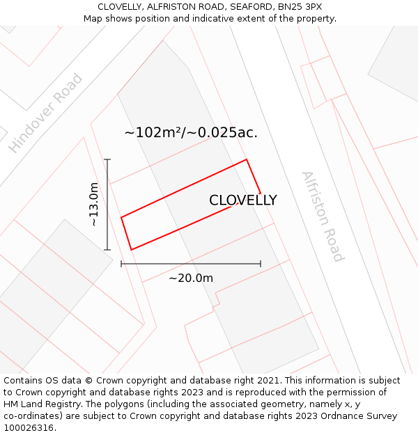 CLOVELLY, ALFRISTON ROAD, SEAFORD, BN25 3PX: Plot and title map