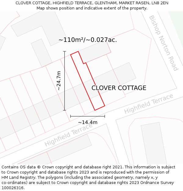 CLOVER COTTAGE, HIGHFIELD TERRACE, GLENTHAM, MARKET RASEN, LN8 2EN: Plot and title map