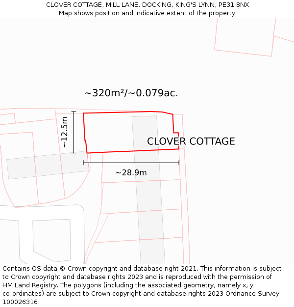 CLOVER COTTAGE, MILL LANE, DOCKING, KING'S LYNN, PE31 8NX: Plot and title map