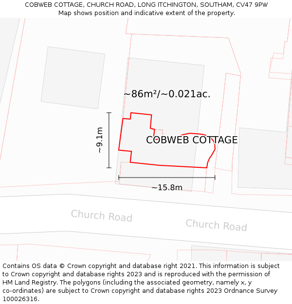 COBWEB COTTAGE, CHURCH ROAD, LONG ITCHINGTON, SOUTHAM, CV47 9PW: Plot and title map